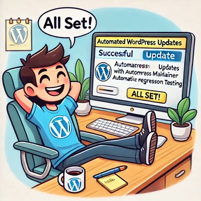 DALL·E 2024-09-30 13.06.08 - A cheerful illustration of a happy and relaxed web developer sitting at their desk, having automated WordPress updates with automatic regression testi